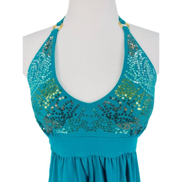 Vtg Victoria's Secret Y2K Halter Sequin Mini Dress • Coquette Club McBling Teal - Picture 4 of 16